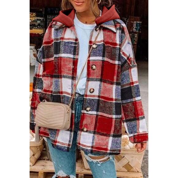 Azura Exchange  Red Hooded Plaid Button Front Shacket - Picture 7 of 8